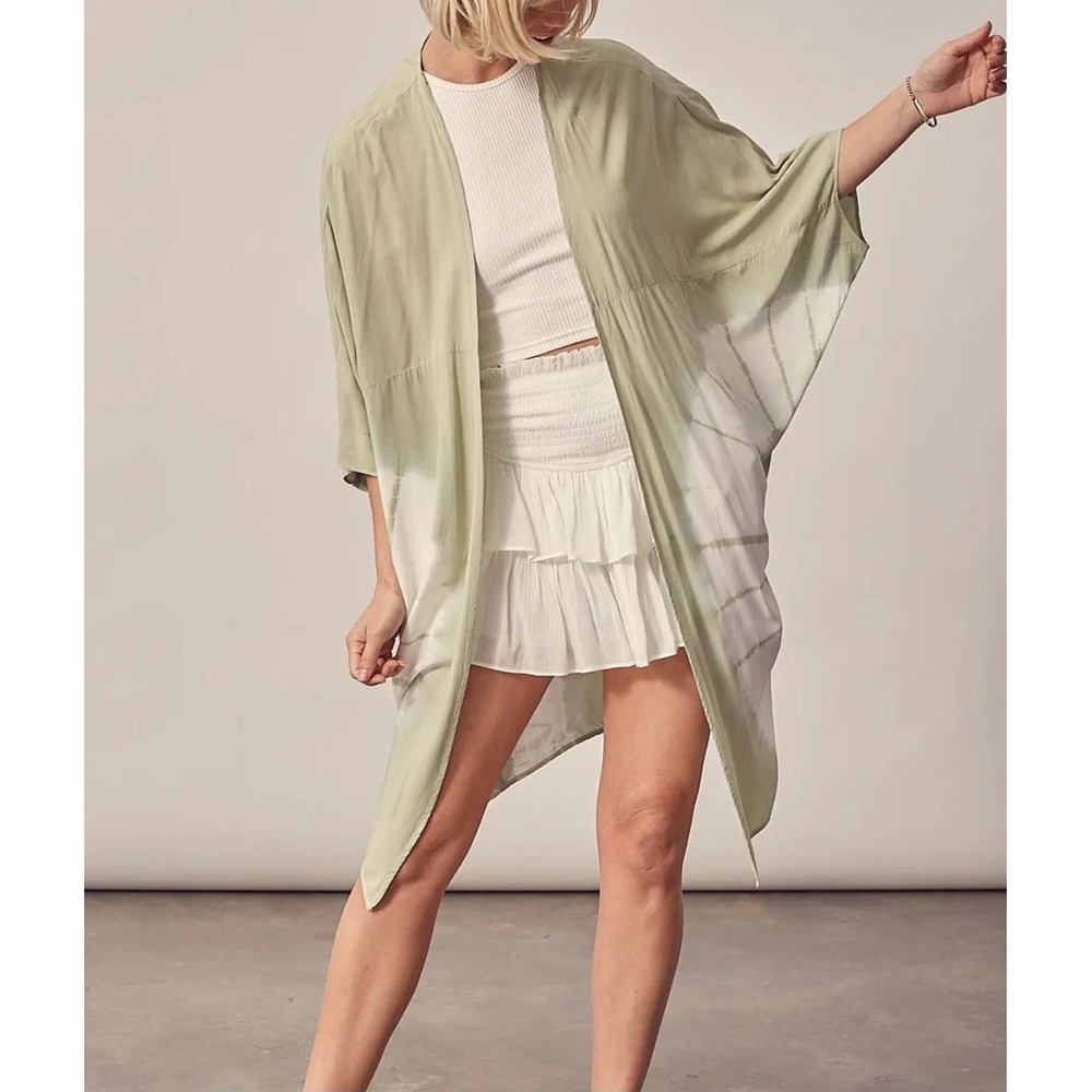 Evelyn Kimono Cardigan One Size Green Tie Dye Rayon Boho Beach Festival Duster